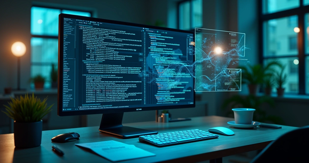 Computador com código de algoritmo em tela com gráficos digitais e elementos visuais de análise técnica