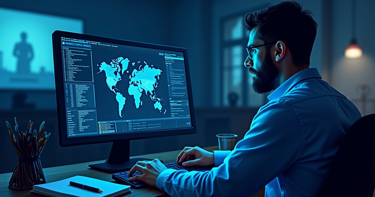 Análise detalhada de busca OSINT em tela de computador com gráficos e mapas digitais