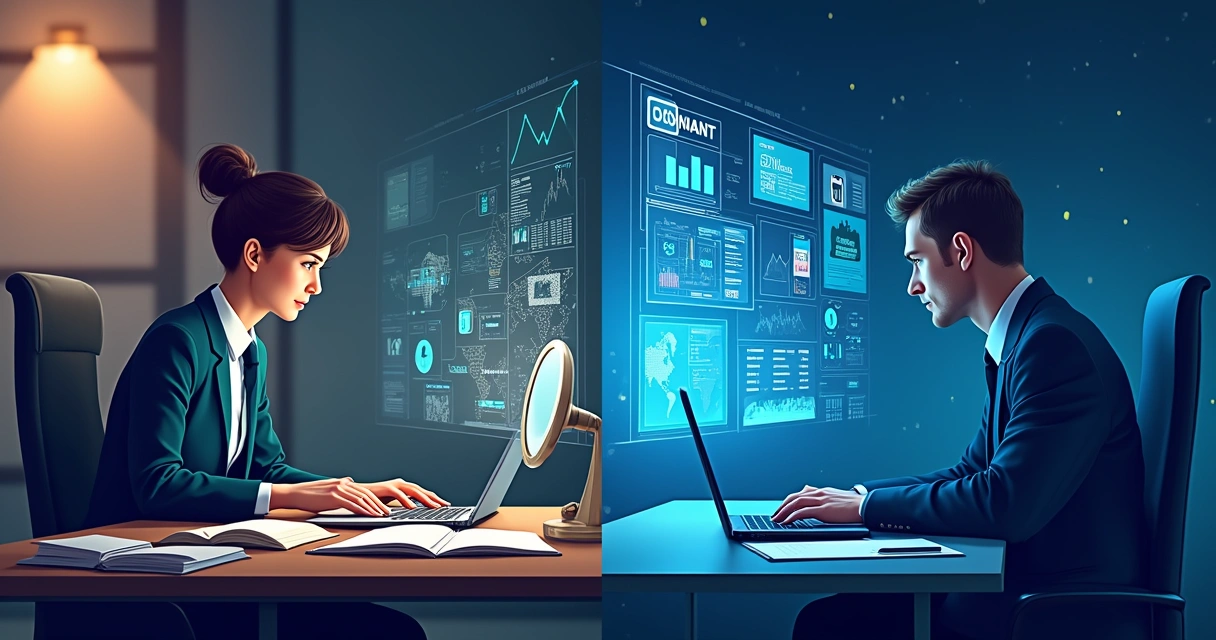 Comparação entre perito forense analisando dados e software automático exibindo resultados em tela