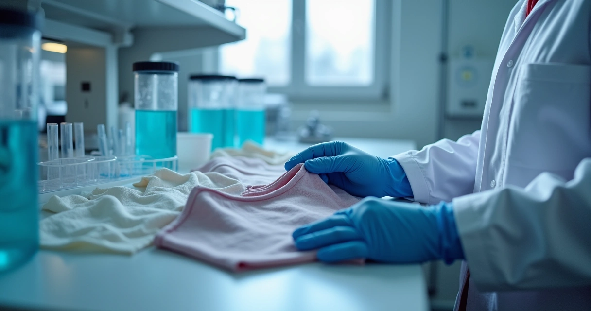 Mãos usando luvas manipulando roupas íntimas para exame laboratorial em ambiente de laboratório forense