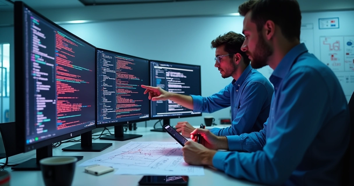 Mesa de escritório com dois profissionais analisando código em múltiplos monitores modernos, gráficos e relatórios técnicos sobre bugs de sistema.