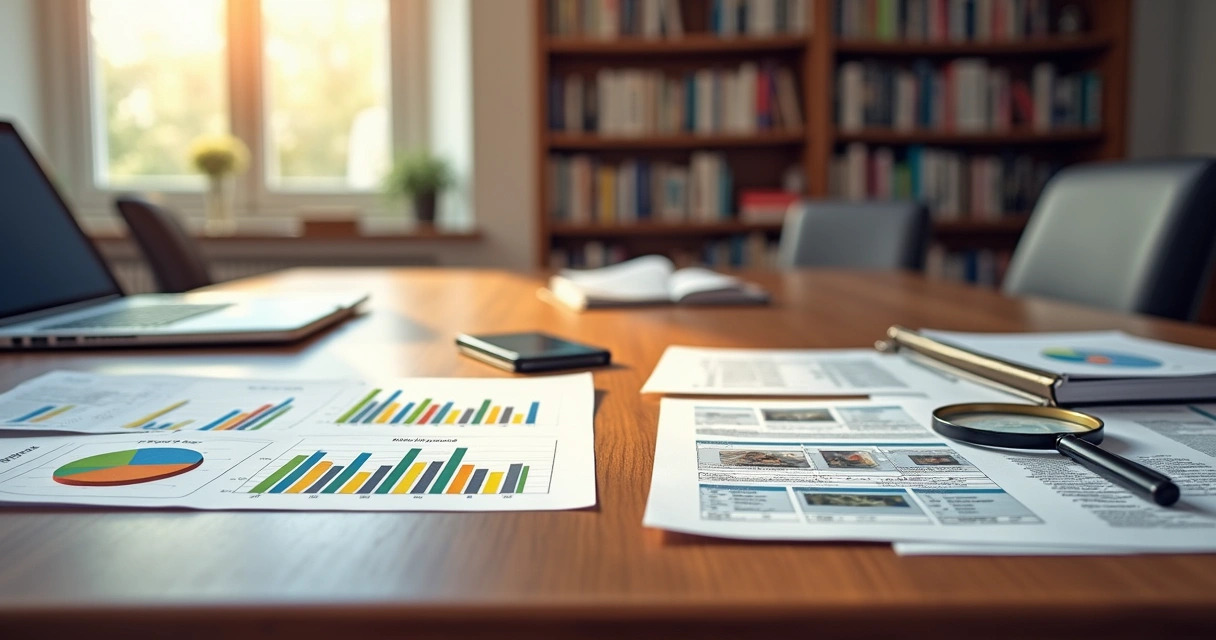 Mesa de escritório com documentos e laptop separados em duas pilhas, uma representando análise de crédito com gráficos financeiros coloridos, e outra auditoria forense com evidências e relatórios deta