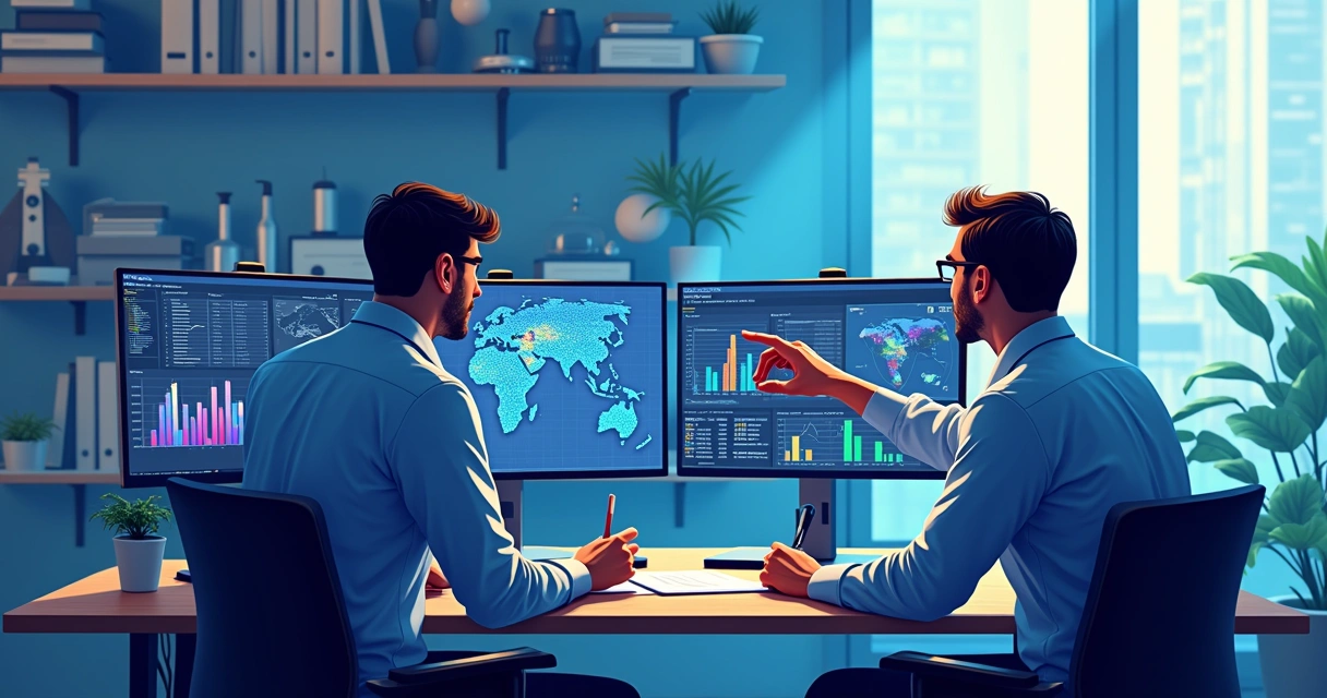 Mesa com dois especialistas discutindo dados digitais em telas de computador com gráficos coloridos à frente