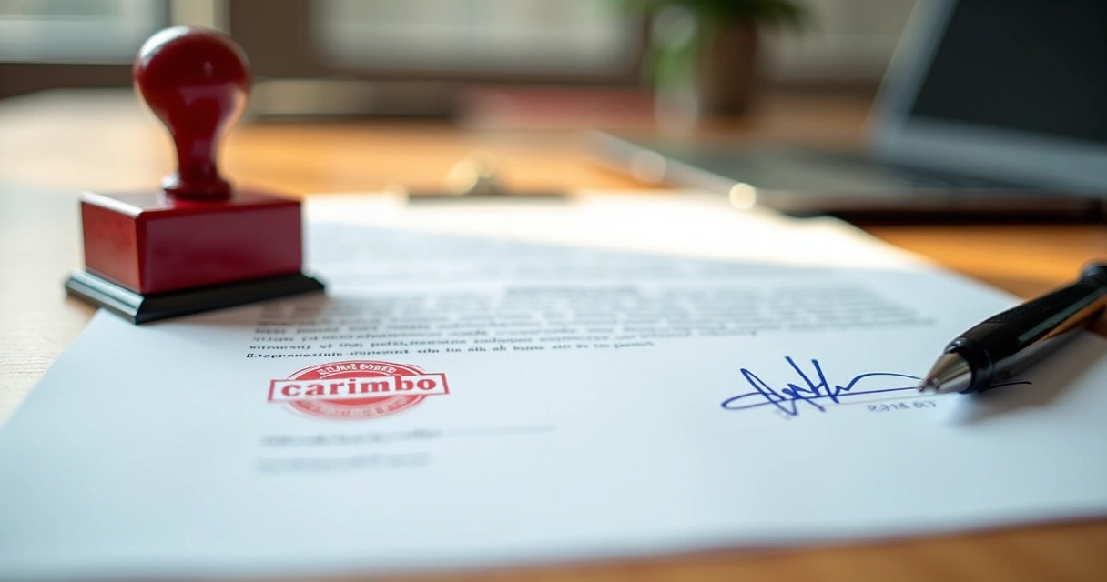 Documento sobre mesa com carimbo vermelho e assinatura manuscrita ao lado