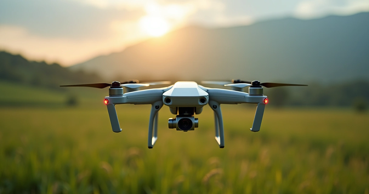 Drone realizando levantamento aéreo pericial sobre local de perícia forense com área rural e equipamentos técnicos ao redor