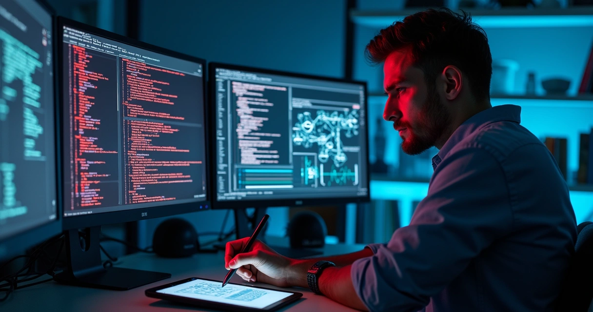 Profissional analisando códigos de software em múltiplas telas digitais com gráficos e indicadores de erros