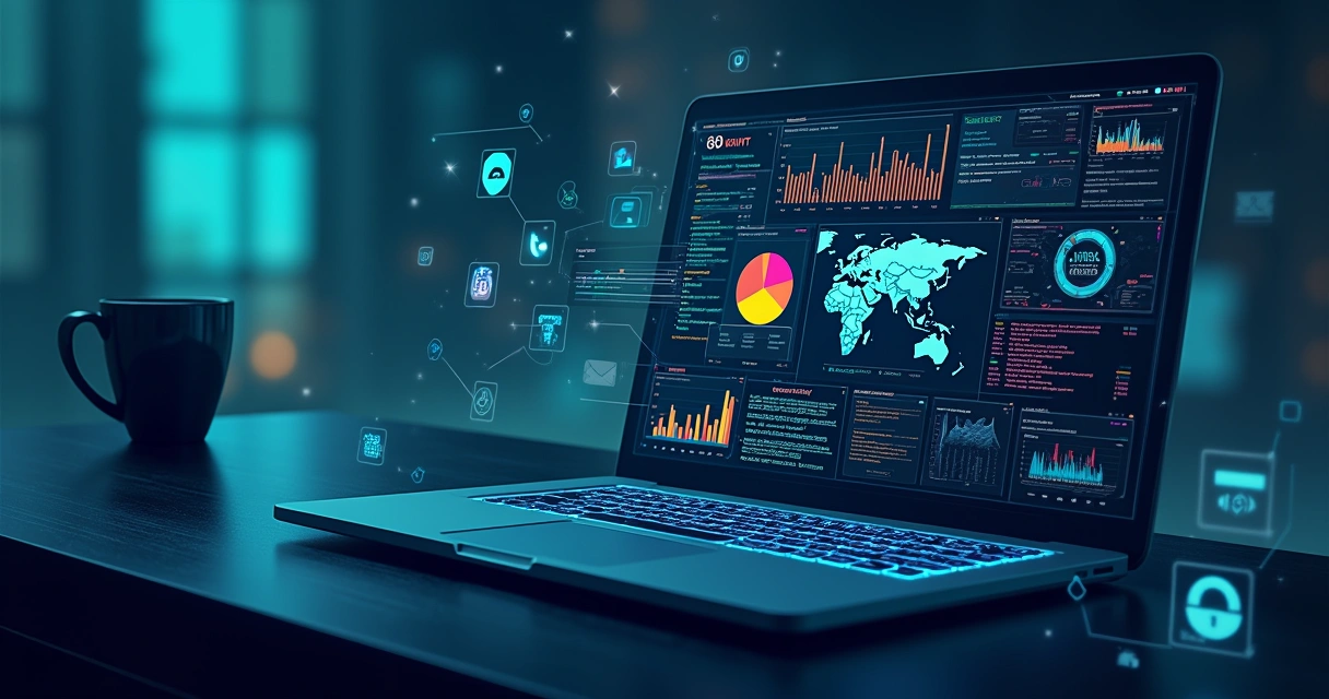 Tela de computador exibindo diversas ferramentas OSINT com gráficos e dados digitais ao fundo