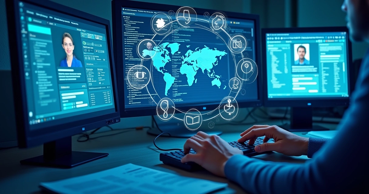 Representação de investigação digital com múltiplas telas mostrando redes sociais, registros públicos e mapas