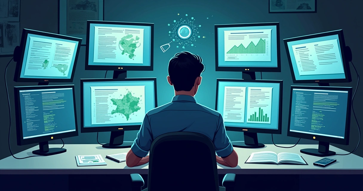 Pessoa analisando informações em múltiplas telas com documentos oficiais e mapas digitais