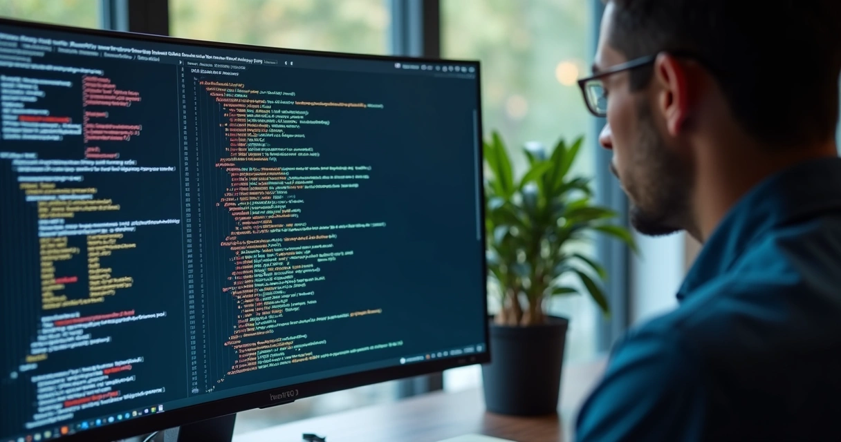 Tela de computador exibindo código com erros, gráficos de bugs e falhas de integração