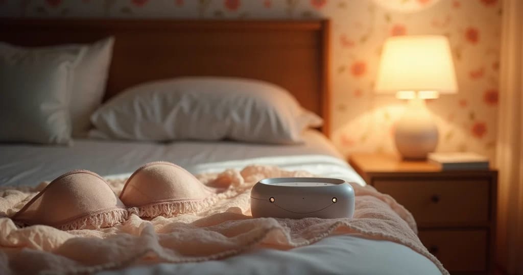 Conjunto de lingerie delicado em um criado-mudo com kit de teste moderno em ambiente íntimo.