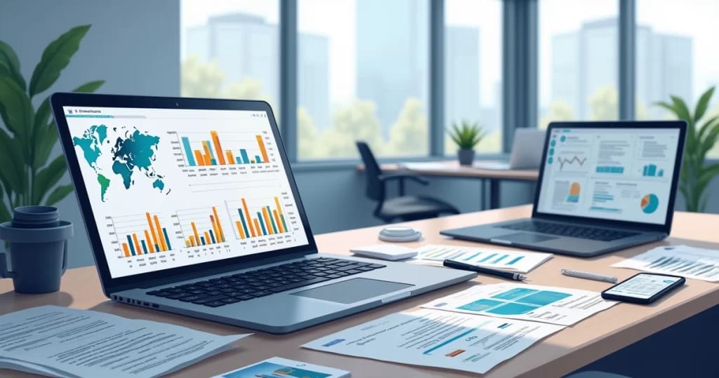 Mesa com notebook aberto exibindo gráficos, documentos e smartphone com rede profissional