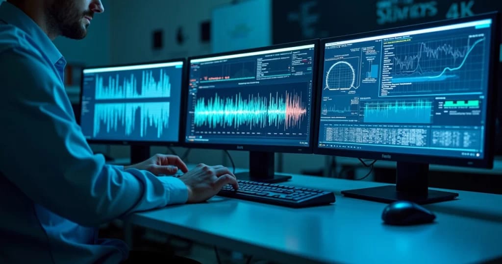 Equipamento de perícia digital analisando arquivos de áudio em um laboratório forense moderno