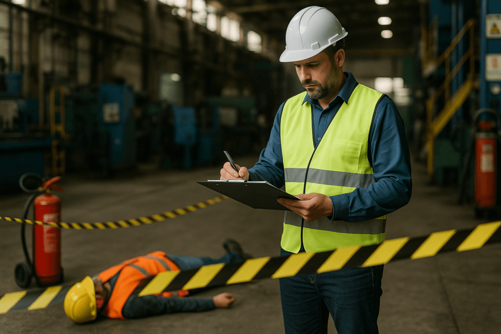 Perito em segurança do trabalho investigando local de acidente em ambiente industrial