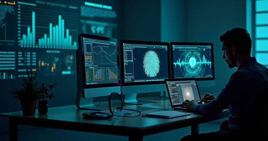 Cena de análise forense digital com monitores mostrando software de análise de dados e evidências.