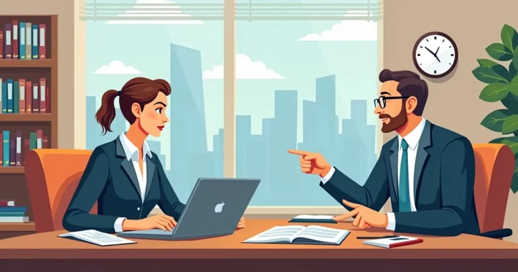 Consultation in an office between a forensic expert and a client over legal documents.