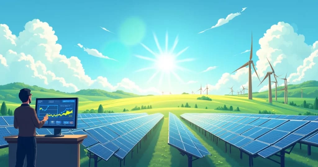 Ilustração de uma usina solar com painéis solares sob o céu azul, mostrando economia de energia e tecnologia moderna.