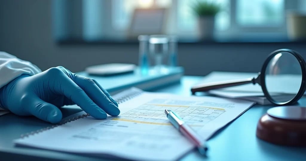Mesa forense com luvas, kit de exame de semen e documentos técnicos