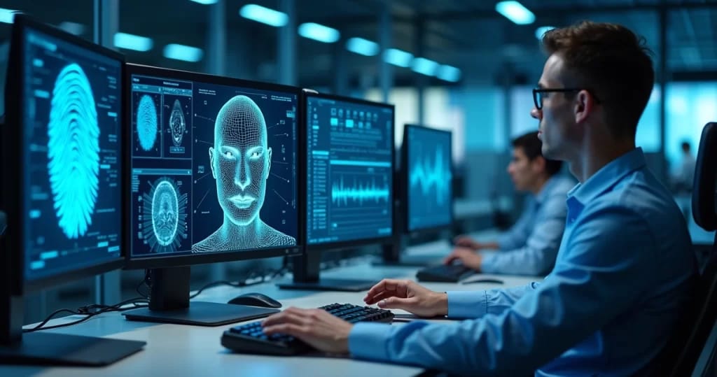 Tela de computador mostrando sistema de autenticação biométrica com digitais, reconhecimento facial e análise de voz