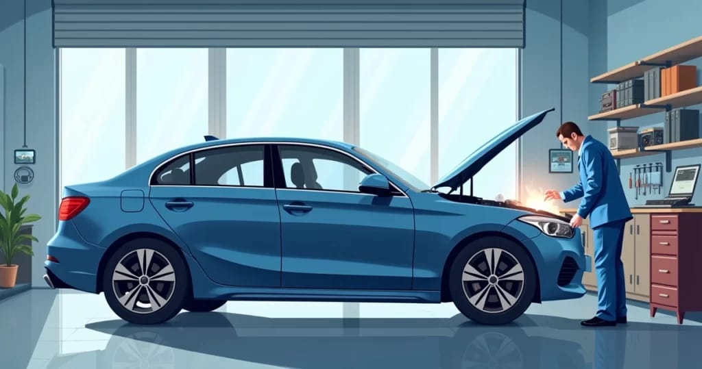 Carro novo com defeito exposto em oficina mecânica, com técnico analisando o veículo