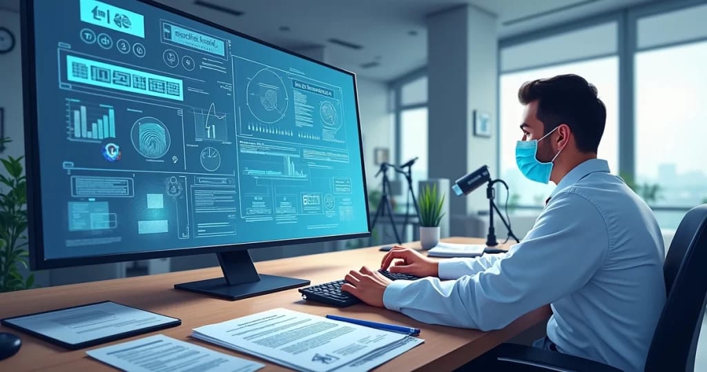 Perito realizando análise forense em computador com documentos e evidências ao redor