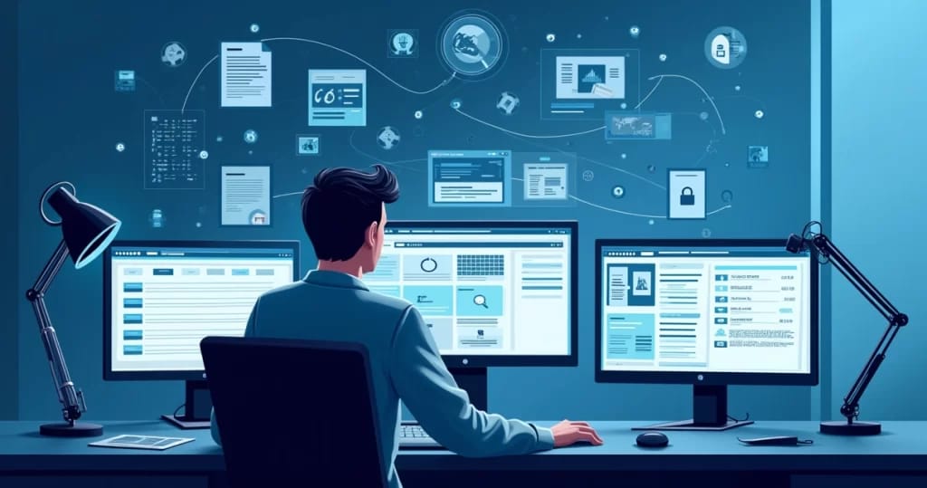 Computador exibindo análise de metadados e bancos de dados online para verificar autenticidade de documentos digitais