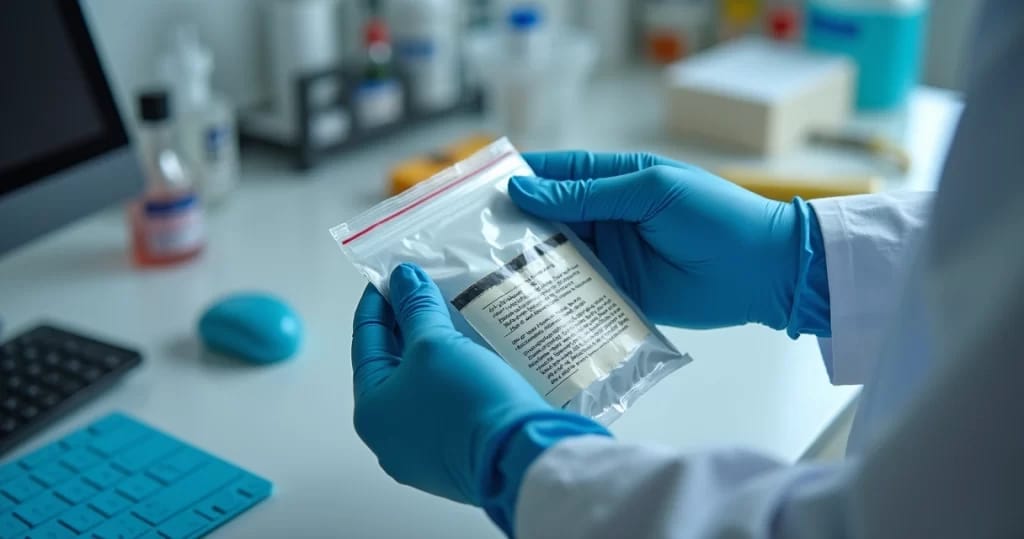 Mãos com luvas manuseando uma embalagem lacrada com evidências forenses em ambiente de laboratório forense