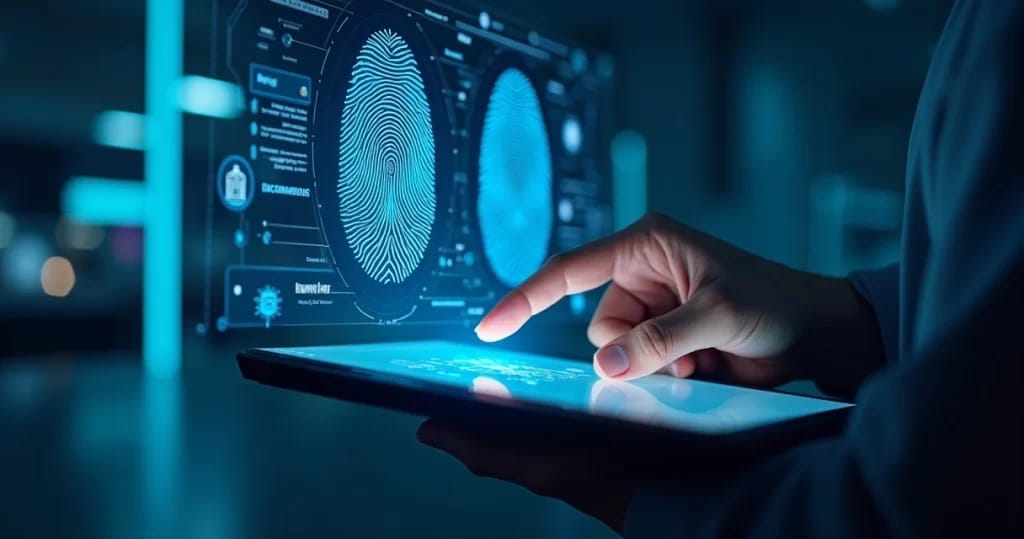 Mão segurando scanner biométrico digital com impressões digitais visíveis em tela futurista azul