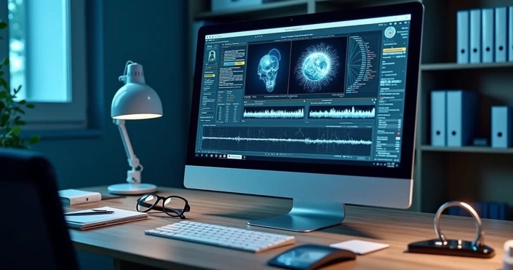 Mesa com computador desktop exibindo software de análise de vídeo forense detalhado, com gráficos, imagens e timeline de vídeo