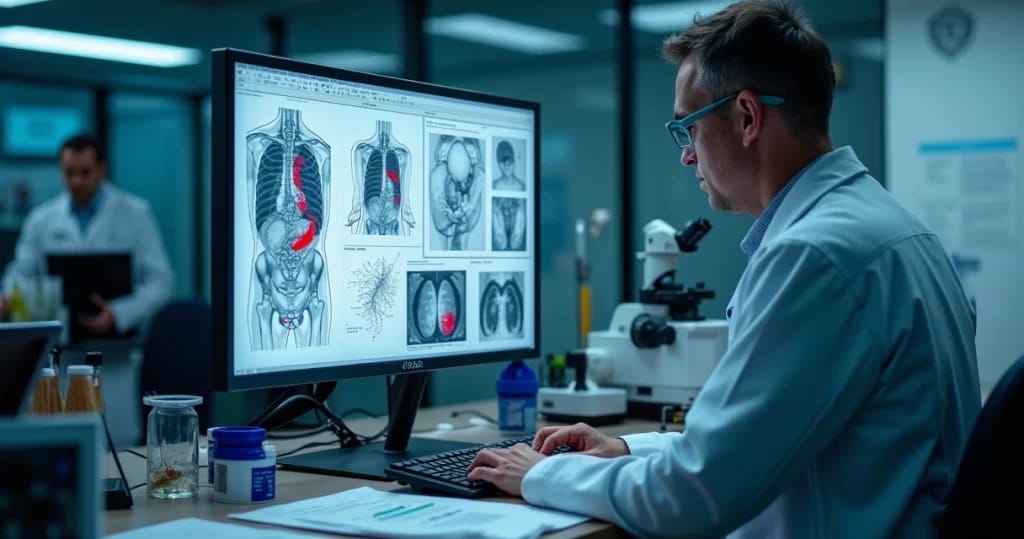 Perito forense analisando laudo técnico em nível detalhado com gráficos e imagens digitais da perícia