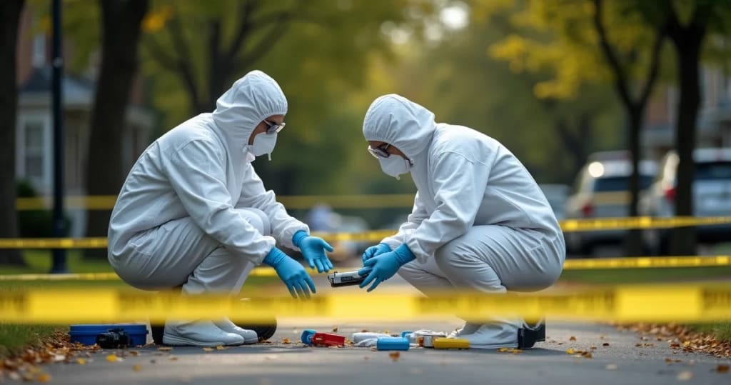 Peritos forenses coletando evidências em cena de crime com equipamentos técnicos detalhados