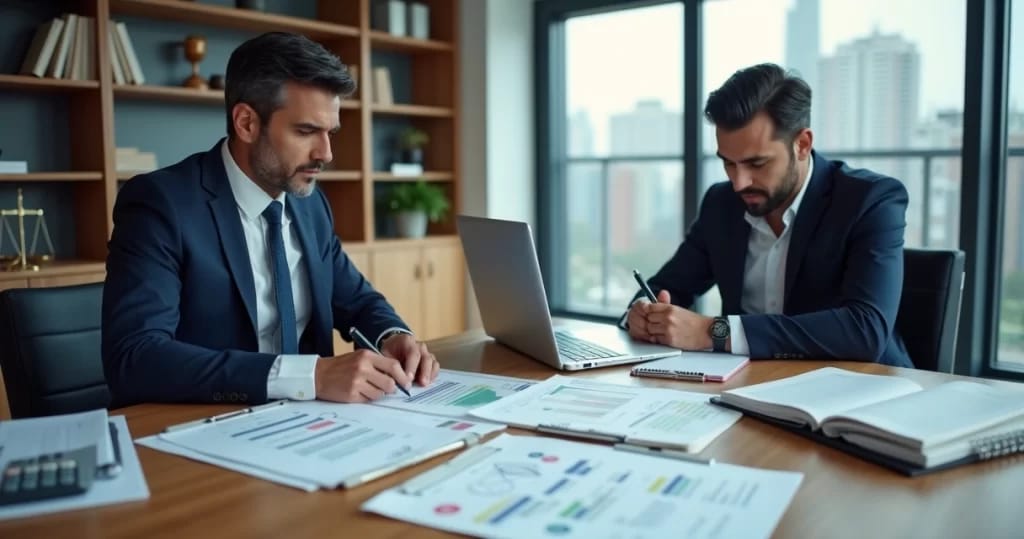Perito contador analisando documentos financeiros em reunião com advogado em escritório moderno