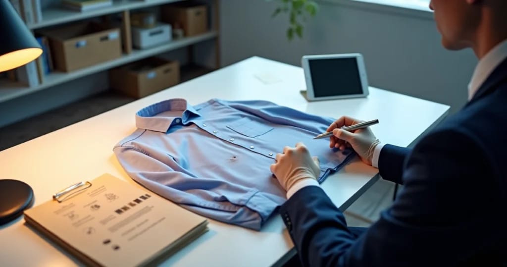 Perito civil analisa manchas em camisa social sobre bancada com tablets e relatórios técnicos