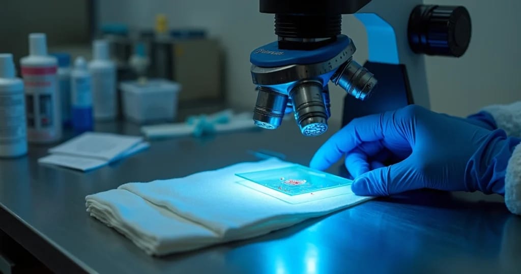 Microscopista analisa amostra biológica sob luz forense azul violeta