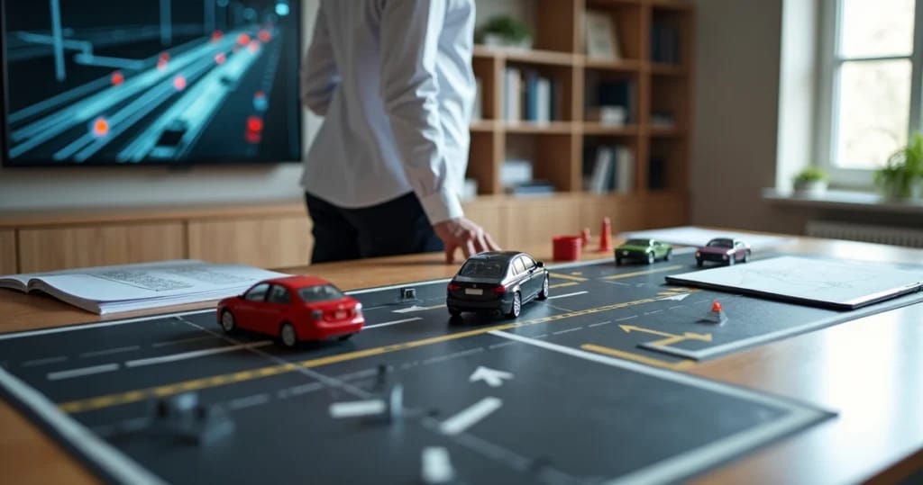 Perito de acidente de trânsito analisando modelo em miniatura em escritório jurídico