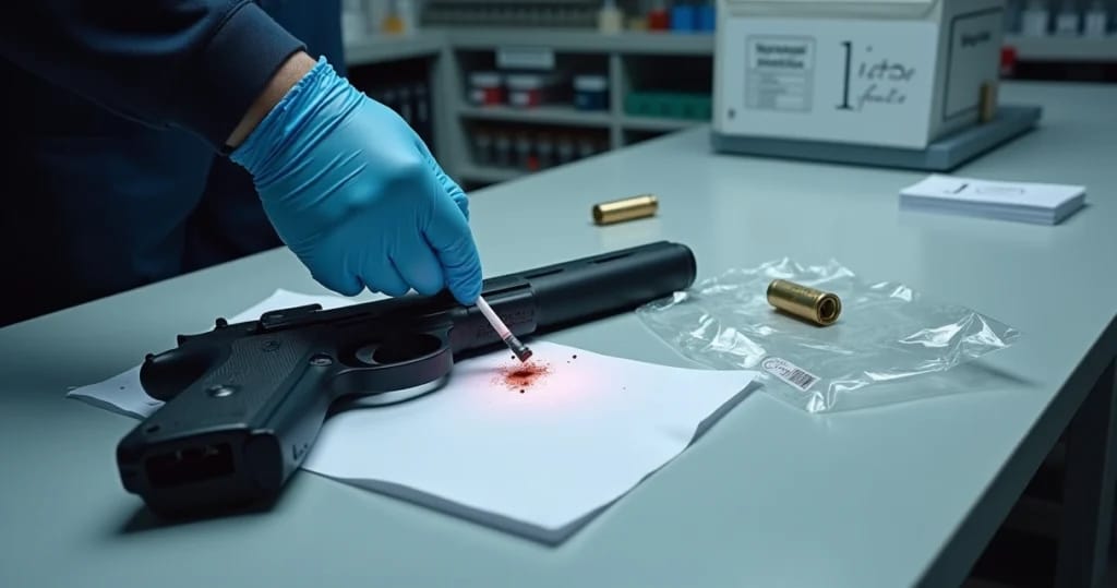 Perito particular analisa manchas suspeitas em arma de fogo descarregada em bancada forense