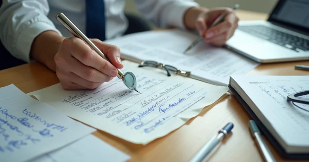 Perito grafotécnico analisando assinatura com lupa sobre documento manuscrito