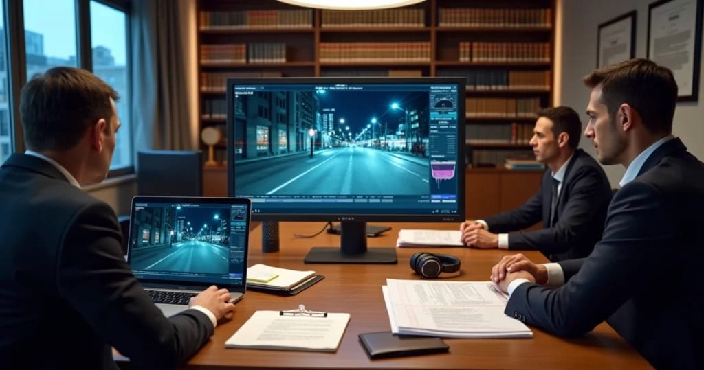 Perito particular analisa vídeos e documentos sobre mesa em ambiente jurídico moderno