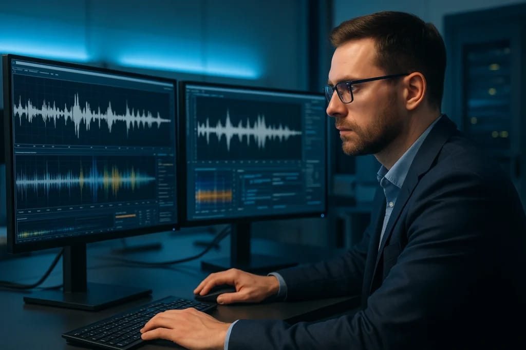 Perito forense analisando espectrograma de voz para detectar deepfake de áudio