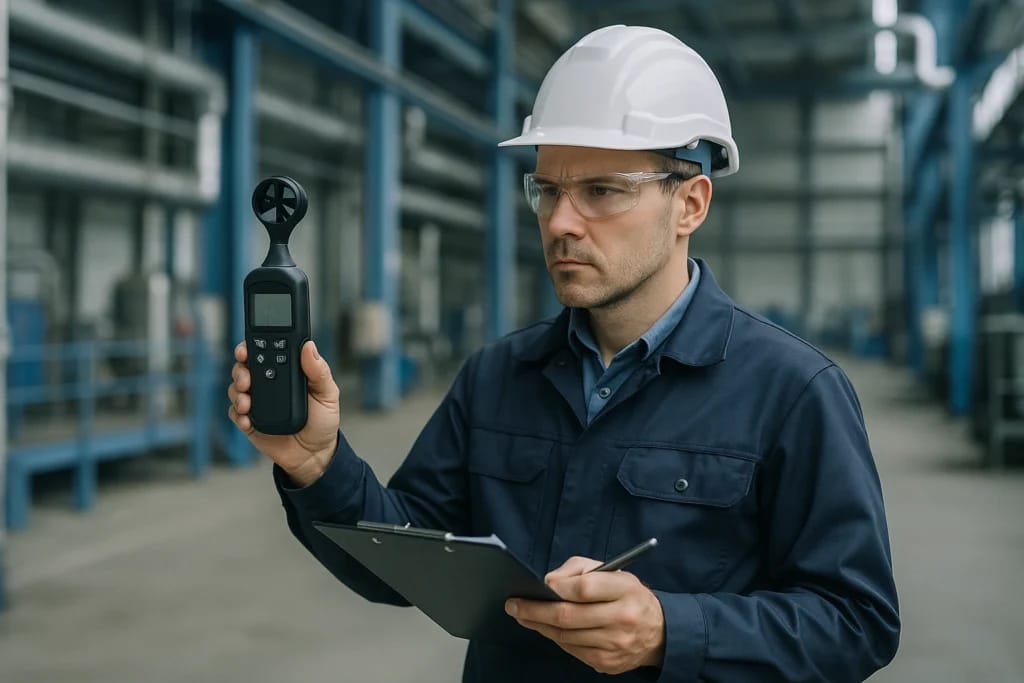 Perito em segurança do trabalho avaliando insalubridade em ambiente industrial