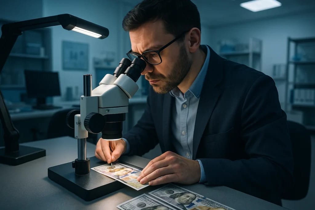 Perito documentoscópico analisando cédulas sob luz ultravioleta