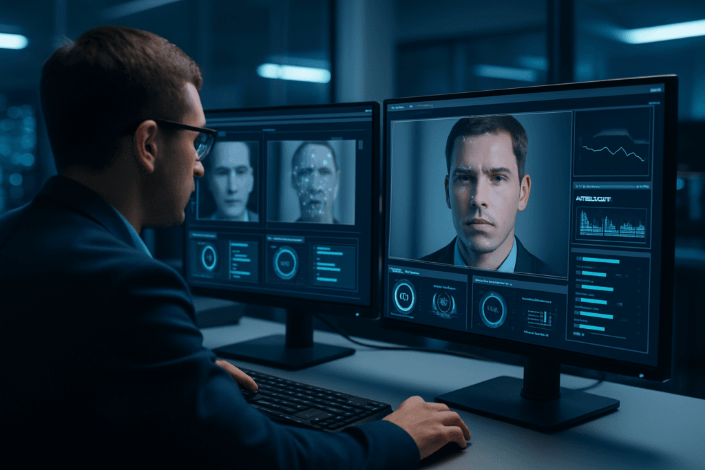 Perito forense digital analisando deepfake em laboratório moderno