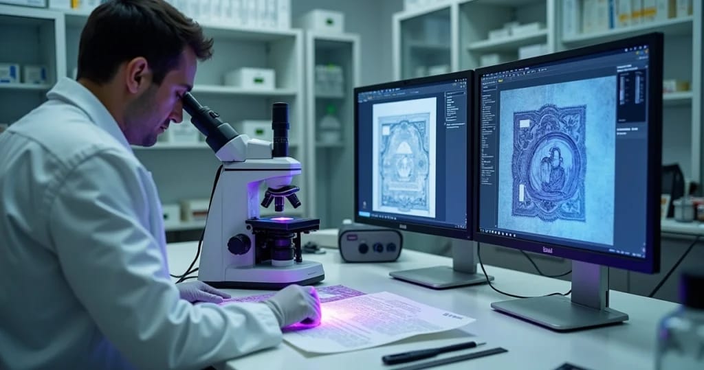 Perito analisa documento sob microscópio digital com telas exibindo detalhes de segurança