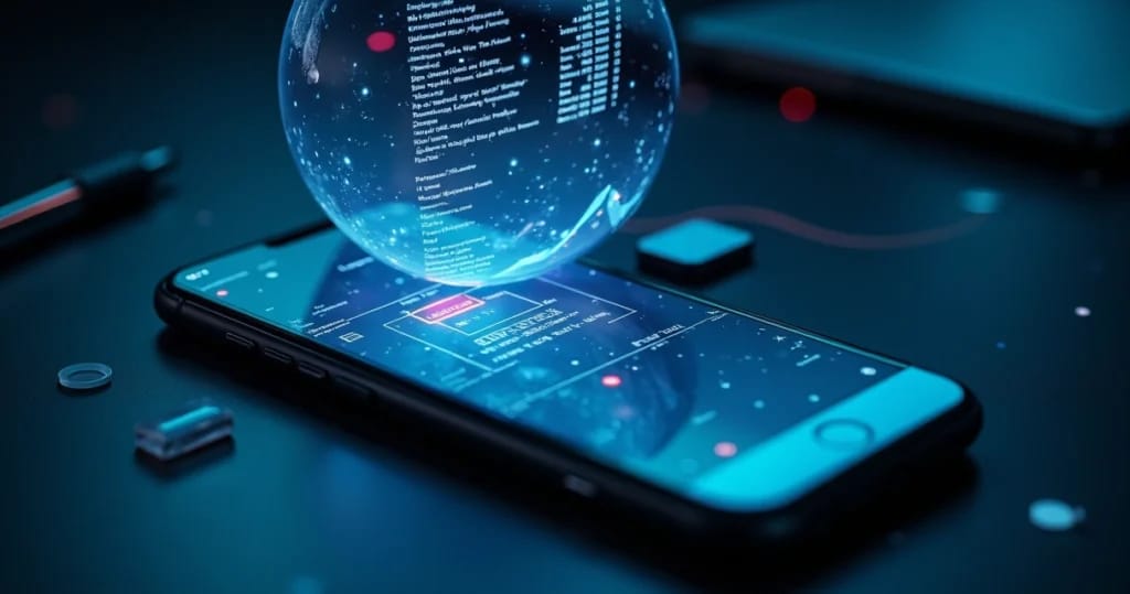 Perito analisa tela de smartphone com lupa digital e rastros de acesso ao aplicativo