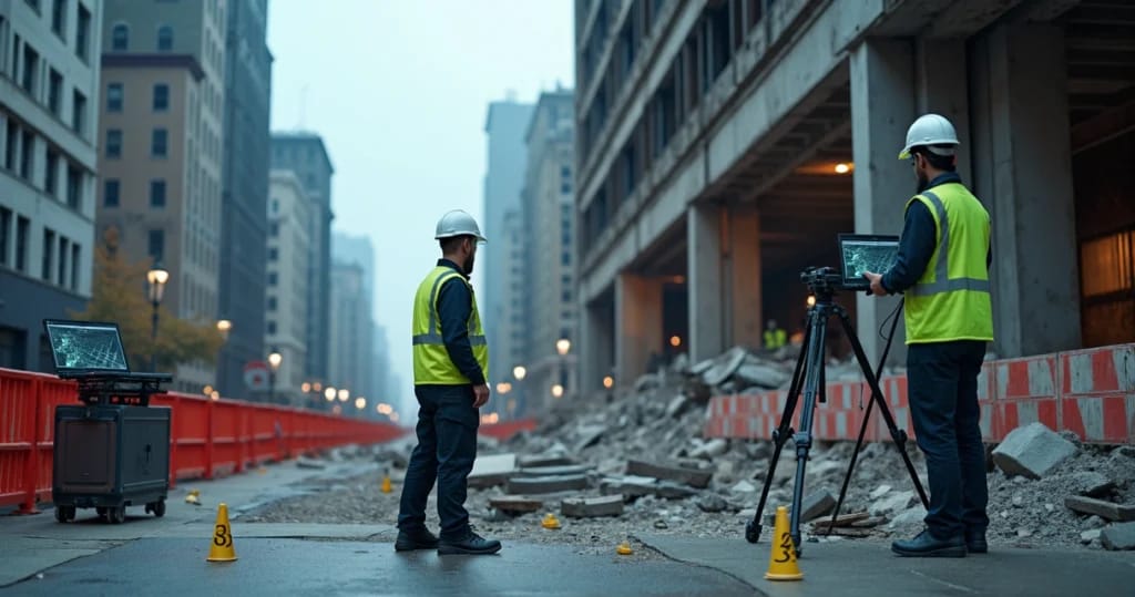 Engenheiro perito usa scanner 3D em prédio parcialmente desabado na cidade