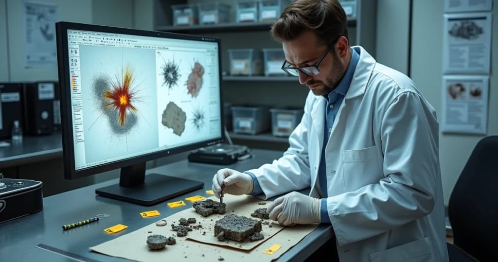 Perita analisa destroços de explosão em bancada de laboratório forense