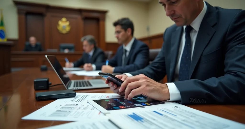 Perito com terno examinando celular durante audiência judicial