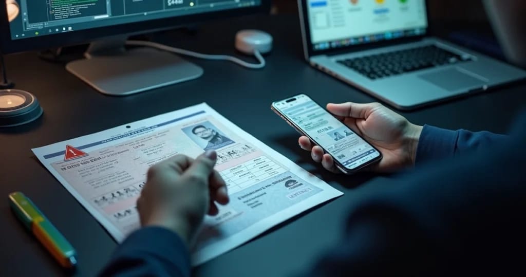 Perito analisando CRLV digital suspeito em smartphone ao lado de documento veicular em papel
