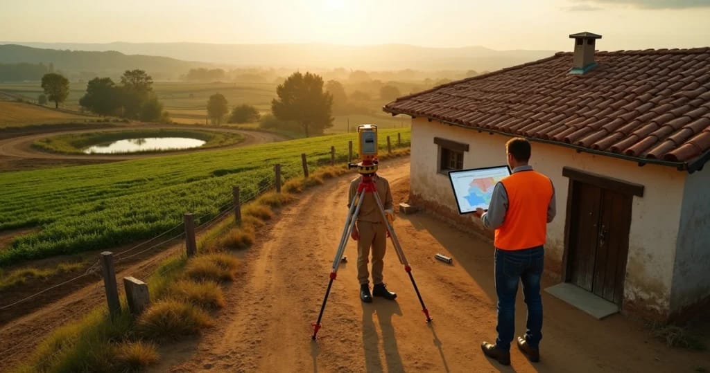 Perito avalia imóvel rural com tablet em campo agrícola
