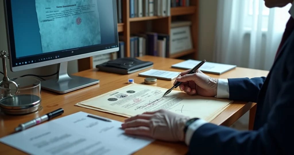 Perito analisa documento com lupa em mesa de provas periciais